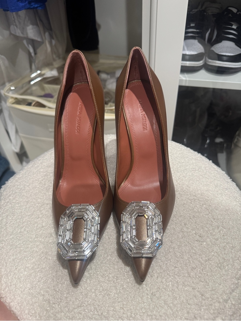Amina Muaddi Camelia Brown Pointed Toe Pumps